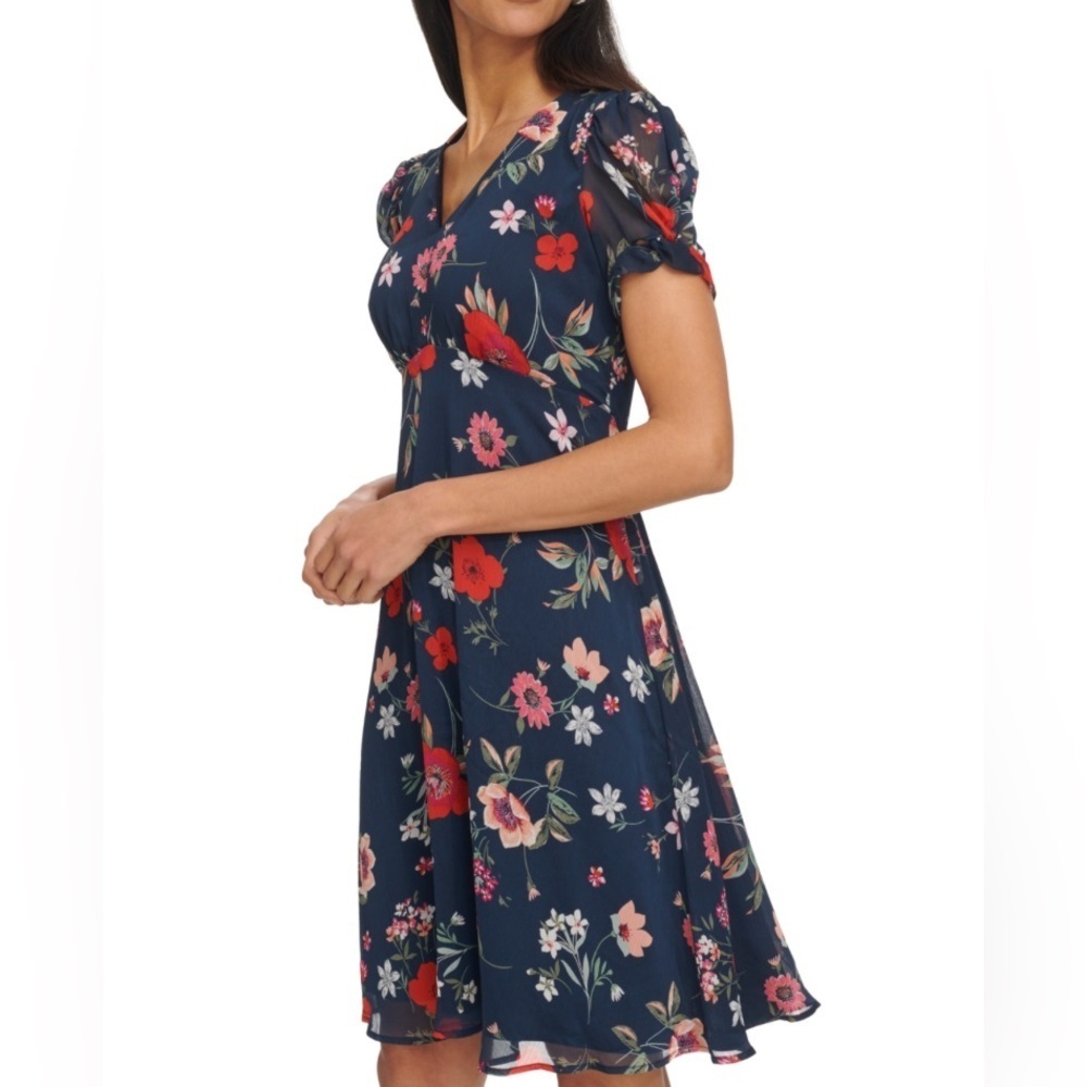 Calvin Klein Women's Printed Chiffon Tulip-Sleeve Knee-length Dress New Sz 8